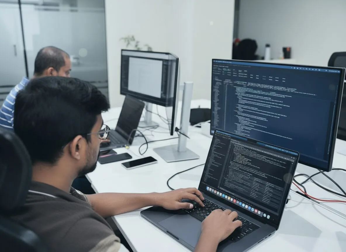 A developer writing code on a high-end workstation
